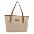 Bolso tote de paja en contraste con correas de cuero marrón y diseño tejido - Marrón
