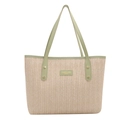 Bolso tote de paja tejida con ribete de cuero sintético verde y gran capacidad de verano - Verde