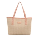 Elegante borsa tote in paglia beige con manici in pelle rosa e borchie dorate - Rosa