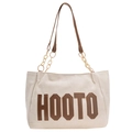 Bolso tote grande de ante crema con parche HOOTO marrón y cadena dorada - Blanco
