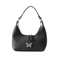 Minimalist black crescent shoulder bag with silver butterfly buckle and chain detail - Black