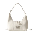 Chic beige crescent underarm bag with silver butterfly buckle and chain strap detail - White