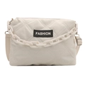 White quilted puffer crossbody bag with decorative chunky chain and FASHION label - White
