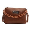 Borsa a tracolla vintage in pelle PU marrone scuro con catena grossa e toppa fashion - Marrone