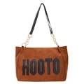 Bolso tote de ante marrón con parche HOOTO y correa de cuero negro y cadena de oro - Marrón