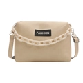 Borsa a tracolla beige minimalista con catena grande e toppa con scritta FASHION - Cachi