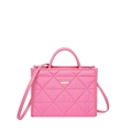 Pink quilted tote bag with diamond stitching and adjustable shoulder strap on white background - Pink