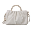 Chic white pleated cloud handbag with elegant pearl woven top handle and shoulder strap - White
