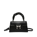 Mini black bow square handbag with ruffled handle and silver chain strap for women - Black