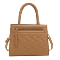 Elegant tan quilted trapezoid handbag with dual handles and adjustable shoulder strap - Khaki