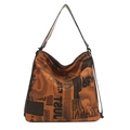 Vibrant orange hobo tote bag with vintage typography and black shoulder straps - Brown