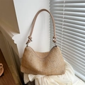 Elegante beige Stroh-Schultertasche mit Lederriemen für den Strandurlaub - Khaki