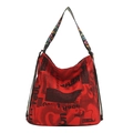 Red tote bag with newspaper print and colorful LOVE shoulder strap in street style - Red