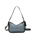 Sac à bandoulière bleu gris avec garniture en cuir noir et logo doré sur fond blanc - Bleu