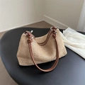 Elegante borsa a mano in paglia intrecciata beige con cinturini in pelle marrone estiva - Marrone Scuro