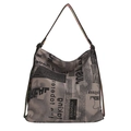 Fashionable grey hobo tote bag featuring vintage newspaper print and wide strap - Gray