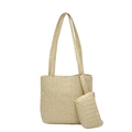 Große Strohtasche im Set mit Chevron-Webmuster und passendem Beutel für den Sommer am Strand - Khaki