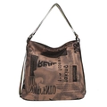 Grand sac cabas beige avec imprimé journal vintage et fines bandoulières noires élégantes - Khaki