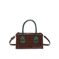 Brown and green crocodile pattern crossbody bag with shiny faux leather finish - Coffee (Green Handle)