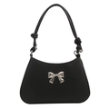 Elegant black shoulder bag with silver bow hardware and knotted strap design - Black