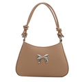 Elegant beige PU leather shoulder bag with silver metal bow and knotted strap detail - Khaki