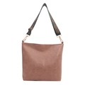 Large capacity tan leather tote bag with a colorful ethnic style woven shoulder strap - Pink