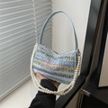 Handwoven summer straw bag with colorful pattern, butterfly embroidery, and pearl chain handle - Blue