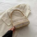 Bolso de paja con rayas marrones, bordado de mariposa y cadena de perlas finas - Caqui