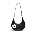 Minimalist black crescent shoulder bag with white flower charm and silver double zippers - Black