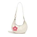 Creamy white crescent shoulder bag with a cute pink floral charm accessory - White