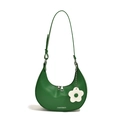 Grass green crescent hobo shoulder bag in faux leather with white floral charm - Green