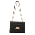 Minimalist black chain shoulder bag for women with geometric texture and gold buckle - Black