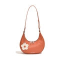 Orange crescent moon shoulder bag with double zippers and floral pendant charm - Orange
