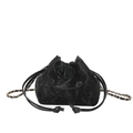 Retro black drawstring bucket bag with velvet texture and metal chain strap for women - Black