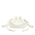 Creamy white soft leather drawstring bucket bag with a golden chain shoulder strap - Off White