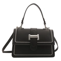 Chic black handbag with white contrast stitching and silver metal lock on a clean white background - Black