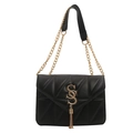Bolso de hombro acolchado negro con logo SS dorado, correa de cadena y detalle de flecos - Negro