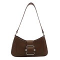 Minimalist dark brown leather baguette underarm bag with decorative silver metal buckle - Brown