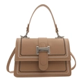 Brown PU leather handbag with wavy contrast stitching and rectangle metal buckle - Khaki
