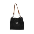 Grande borsa tote in velluto nero con fiocco argentato e manici in pelle marrone - Nero