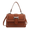 Brown faux leather crossbody bag with contrast stitching and silver square clasp - Brown