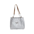Silver metallic pleated tote bag with metal bow and brown chain strap detail - Silver