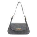 Minimalist grey faux suede shoulder bag with rectangular gold buckle on white background - Blue