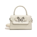 Elegante elfenbeinweiße Lederhandtasche mit stilvoller silberner Schmetterlingsschnalle - Weiß