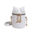 White quilted bucket bag with bow detail and gold chain strap for women - White