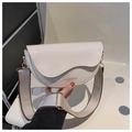 Detail of beige PU leather saddle bag with wave-edge flap and wide colorful strap - White