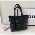 Minimalist black quilted puffer tote bag with high-gloss nylon and large capacity - Black