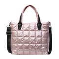 Pink quilted crossbody bag with metallic finish and black adjustable shoulder strap - Pink