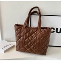 Quilted nylon tote bag in coffee brown finish with diamond stitching for winter - Tan