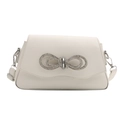 Chic white leather shoulder bag with a sparkling oversized rhinestone bow decoration - White